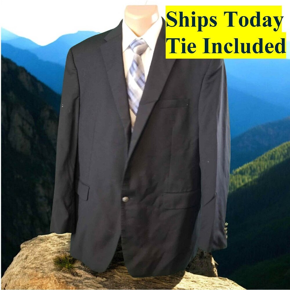 Ralph Lauren Men's 46L Solid Black 100% Wool Blazer Sport Coat & Tie 11566